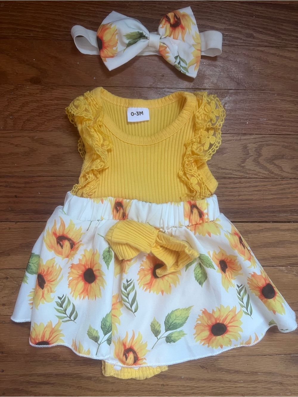 Sunflower Yellow Baby Dress with Bow Headband size 0-3 month